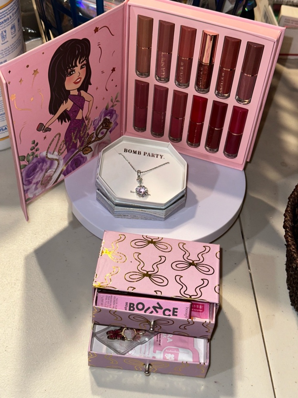 Purple set, Always Be my Forever Amethyst Bomb Party necklace and lipgloss+